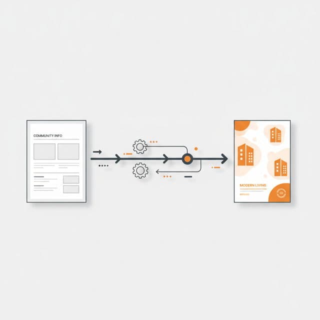 A plain apartment community flyer flowing through an automated pipeline and emerging as a polished, on-brand marketing graphic in Lineups orange.
