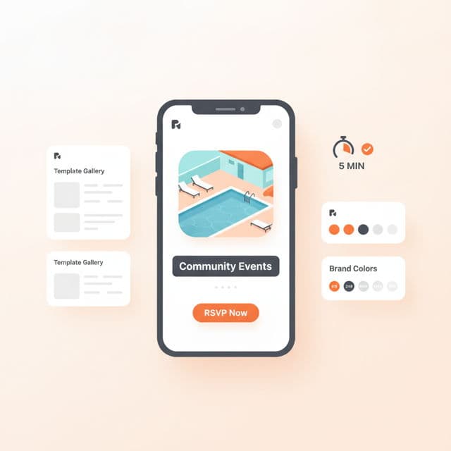 Illustration of a phone showing an on-brand apartment social post being created from a template in minutes.